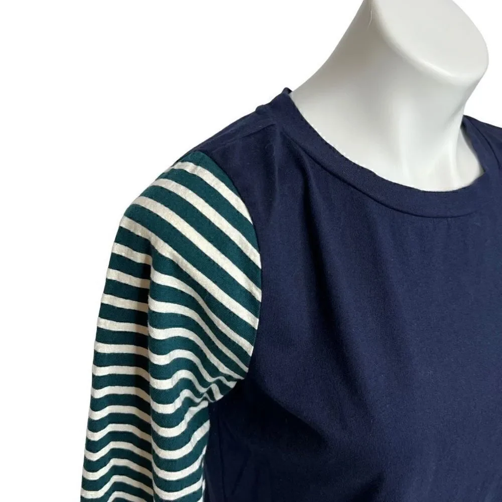 J. Crew 3/4 sleeve navy blue top with green and white striped sleeves size M